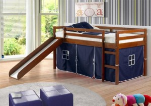 Twin Tent Loft with Slide and Slat-Kits Light Espresso, Blue Tent