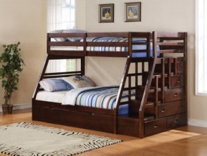 Jason espresso finish wood twin over full bunk bed set with stair case on the end with trundle and storage for easy climbing