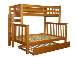 Bedz King Mission Style Twin Over Full Honey Bunk Bed with End Ladder and Twin Trundle