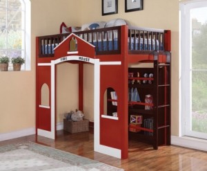 Fola espresso and red finish wood Fire house design loft bed with storage shelves