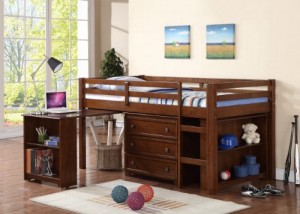 Twin Low Loft with Roll-Out Desk, Chest and Bookcase