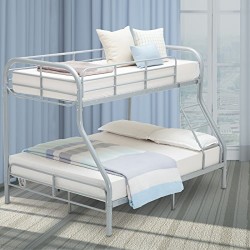 LAGRIMA Twin Over Full Metal Sturdy Bunk Bed Frame, with Inclined Ladder, Safety Rails for Kids Teens Adult, Space-Saving Design – Silver