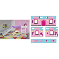 DHP Junior Twin Metal Loft Bed with Slide, Multifunctional Design, White with White Slide AND DHP Curtain Set for Junior Loft Bed with Princess Castle Design